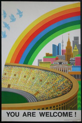 a poster of a stadium with a rainbow