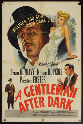 a movie poster with illustrations of a man's face in a top-hat and woman in an evening gown