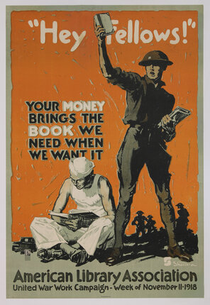 a poster of an army soldier standing and holding books and and sailor sitting crosslegged reading a book