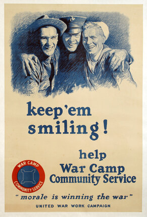 WWI poster with an illustration of three U.S. servicemen (a soldier, a marine, and a sailor) posing in a group hug.