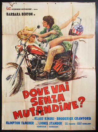 a poster of a man and woman on a motorcycle