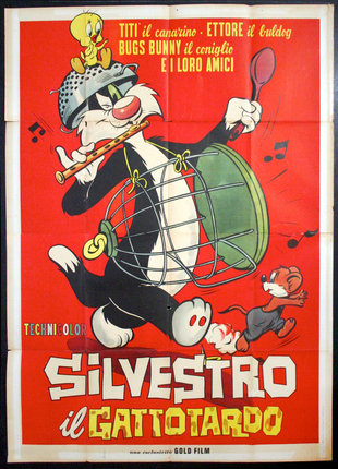 a poster of a cartoon cat playing a flute