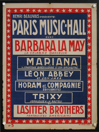 a poster with white text and red and blue border