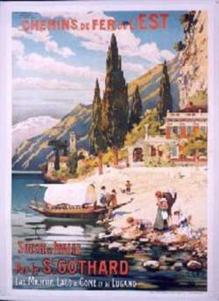 a poster of a town on the shore