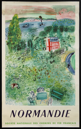 a painting of a garden with a cow and a red house