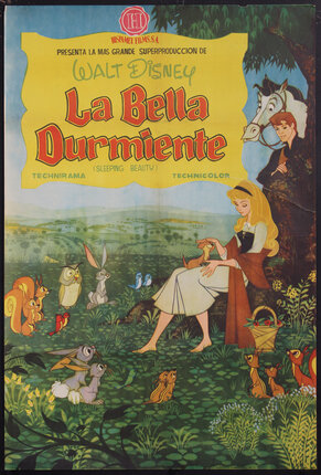 movie poster with an illustrated cartoon of Sleeping Beauty in the woods with woodland creatures