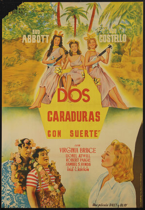 a movie poster with three woman on a tropical island playing ukuleles, two men wearing floral leis, and a blond woman looking to the side.