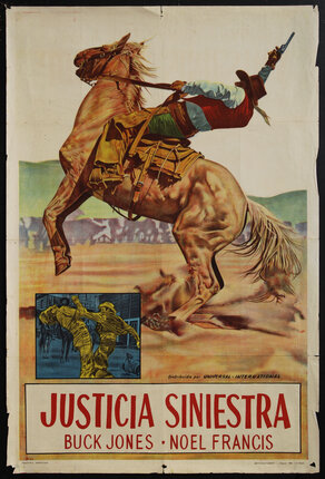 movie poster with a cowboy holding a pistol in the air and falling off a horse 