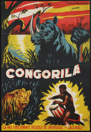 a poster with a rhinoceros, a lion, and an African Pygmy man playing drums