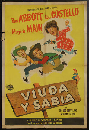 movie poster with caricatures of two men being chased by a gun-toting woman
