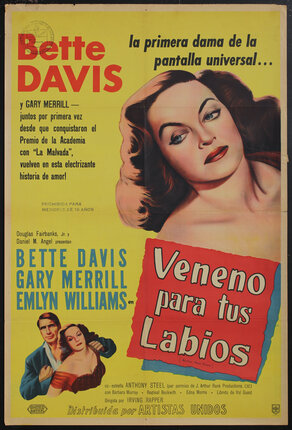 a movie poster with an illustration of a woman (Bette Davis) and another smaller illustration of a man and woman in conflict