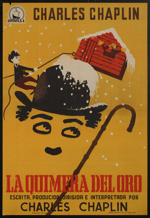 movie poster with a drawing of charlie chaplin's face, hat and cane and a smaller man pulling a rope attached to a falling cabin while it is snowing