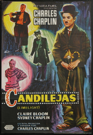 movie poster with four men in costumes the larger image is of Charlie Chaplin holding a cane and wearing a top hat