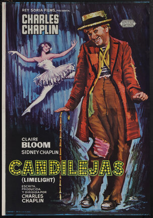 movie poster with a man (Charlie Chaplin) in dressed like a tramp in a patched up red suit and a cane with a ballerina leaping behind him