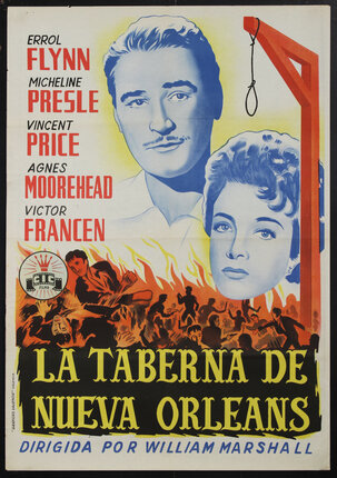a movie poster with faces of a man and a woman next to a gallows noose and a violent riot of people below.