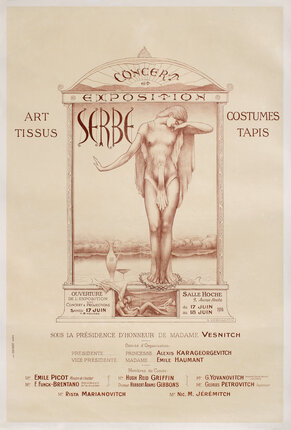 a poster of an angelic, semi-nude woman in an ornate tableau.