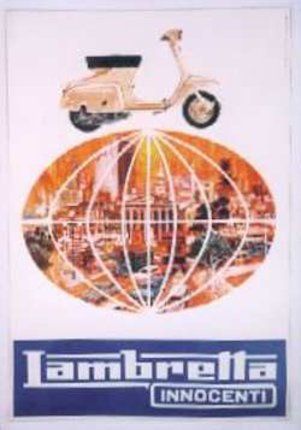 a poster with a scooter and a globe