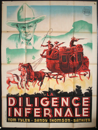 a poster of a cowboy riding a horse drawn carriage
