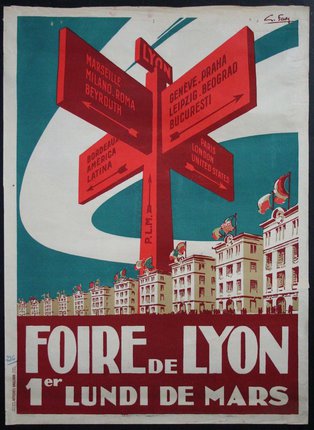 a poster with a sign and buildings