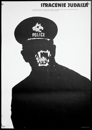 a black and white poster of a man in a police uniform