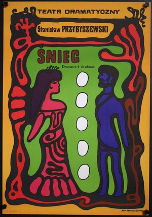a colorful poster with a man and woman