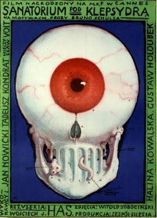 a poster of a skull with a red eyeball