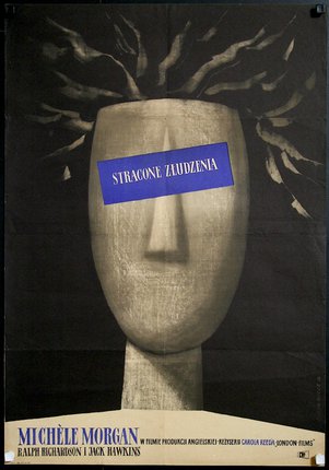 a poster of a head with a blue sign