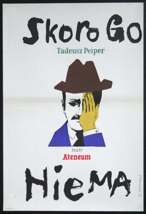 a poster with a man with a hat and hand covering his face