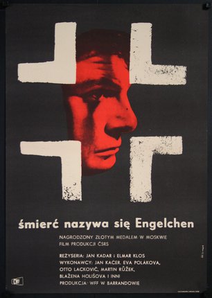 a poster of a man's face with a cross