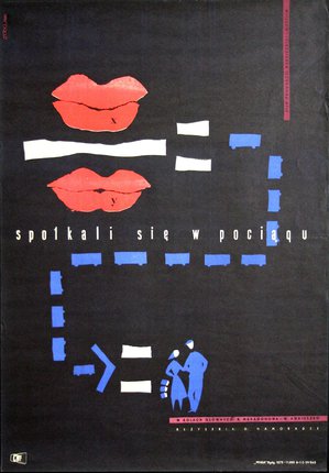 a poster with red lips and blue and white stripes