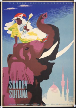 a poster of a man riding an elephant
