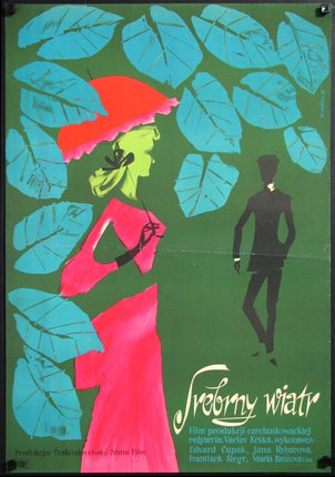 a poster with a man and woman in pink dress and an umbrella