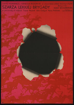 poster with a graphic image of a torn hole in a red paper with a horse rider pattern on it