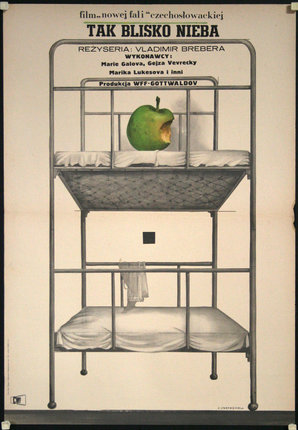 a poster of a green apple on a bunk bed
