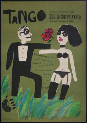 a poster with a man and woman in a black suit