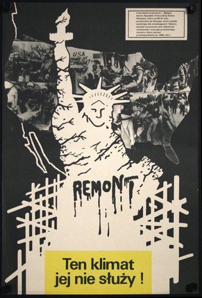 a poster with a statue of liberty and a map of the united states