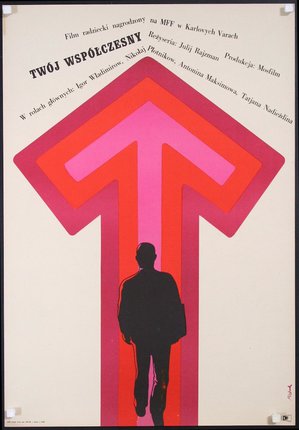 a poster of a man standing in front of a red arrow