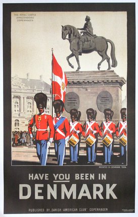 a poster of soldiers marching in front of a horse statue