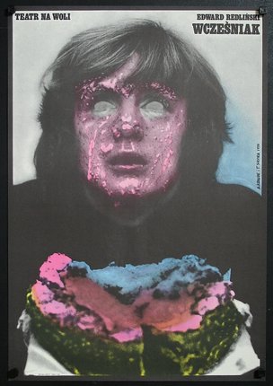 a poster with a person with pink and blue face
