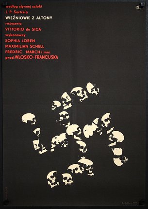 a poster with white skulls on a black background