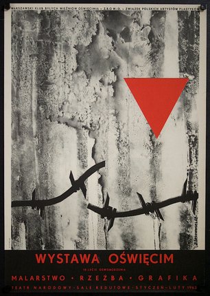a poster with a red triangle and barbed wire