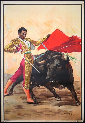 a poster of a man with a sword and a bull