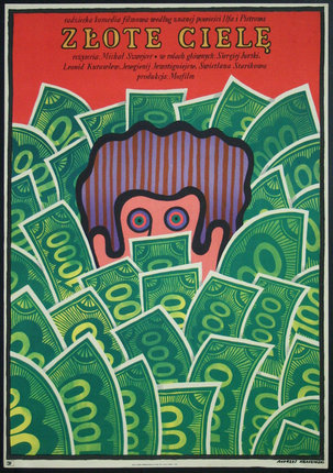 a poster with a man hiding behind money
