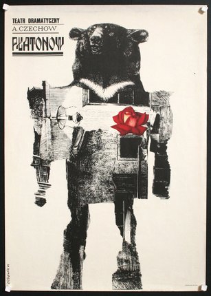 a poster of a bear holding a red rose