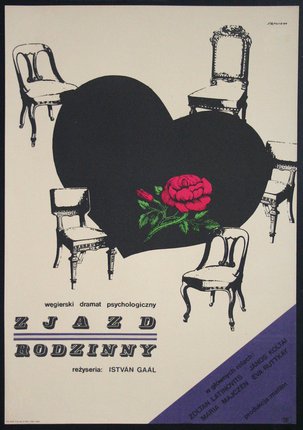 a poster with chairs and a rose