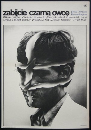 a poster of a man with a face cut out of paper