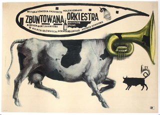 a poster of a cow with a trumpet