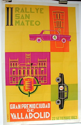 a poster with cars and buildings
