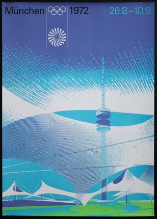 a poster with a tower and a flag