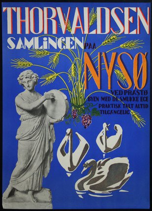 a blue poster with a statue and swans